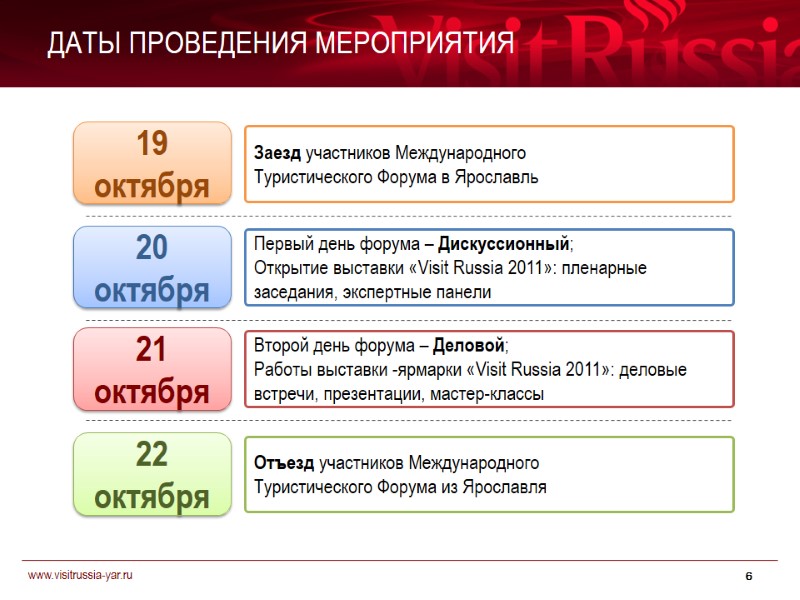 ДАТЫ ПРОВЕДЕНИЯ МЕРОПРИЯТИЯ 6 Заезд участников Международного Туристического Форума в Ярославль  19 октября